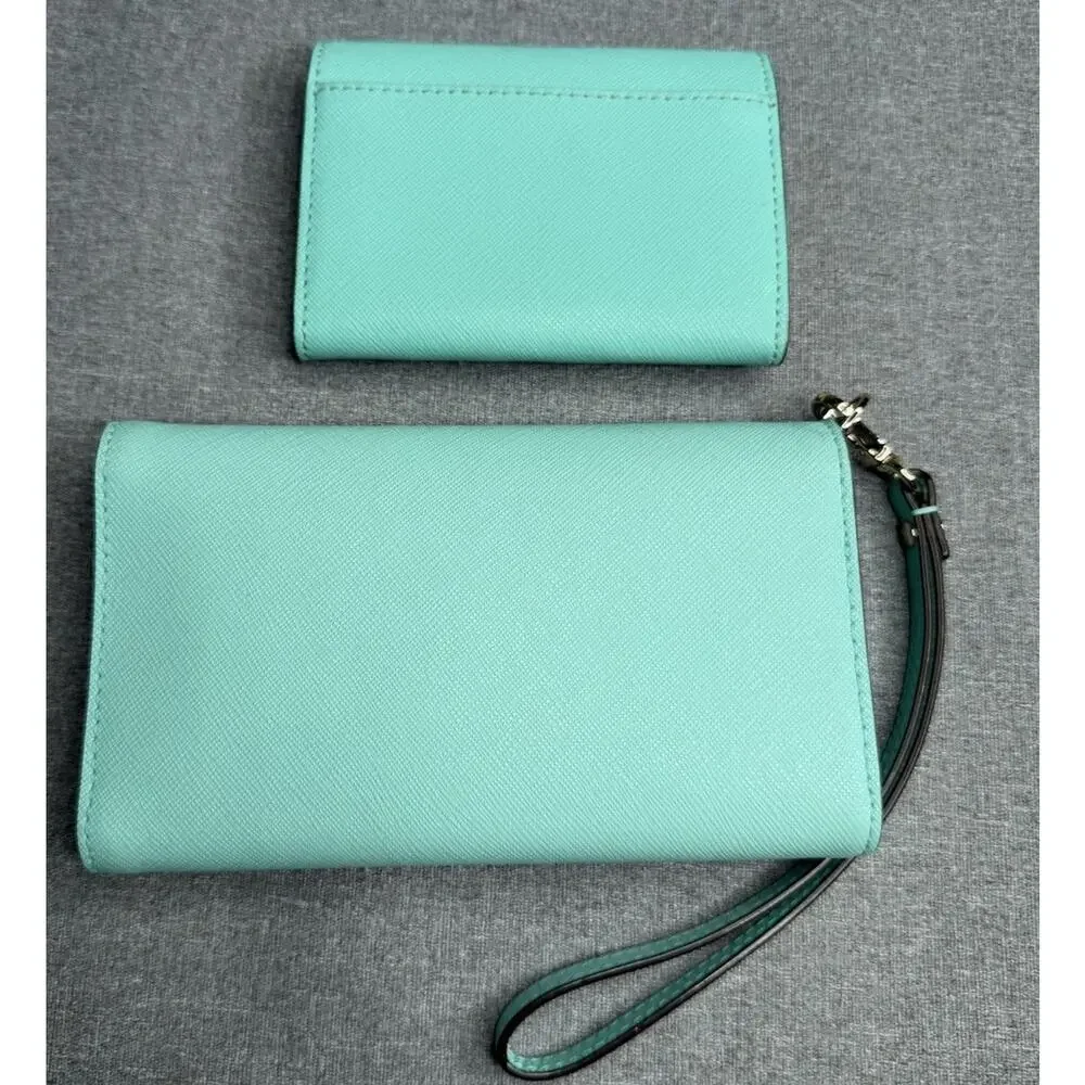 Kate Spade Teal Light Blue Leather Credit Card ID Window Trifold Wristlet Coin